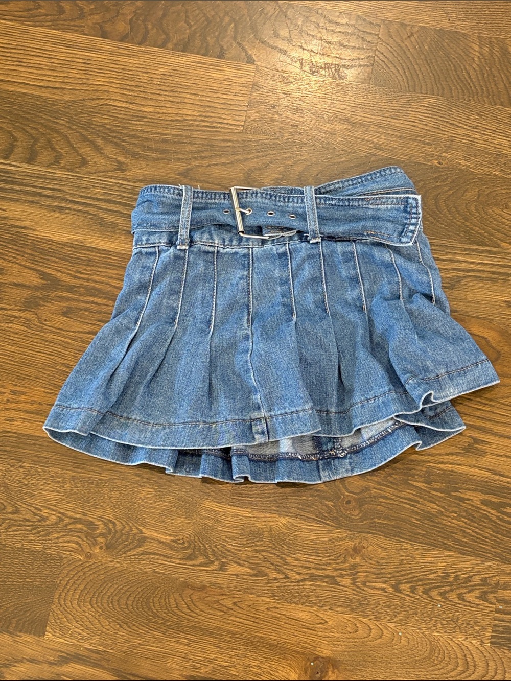 Sincerly Jules Blue Denim Pleated Mini Skirt with Belt